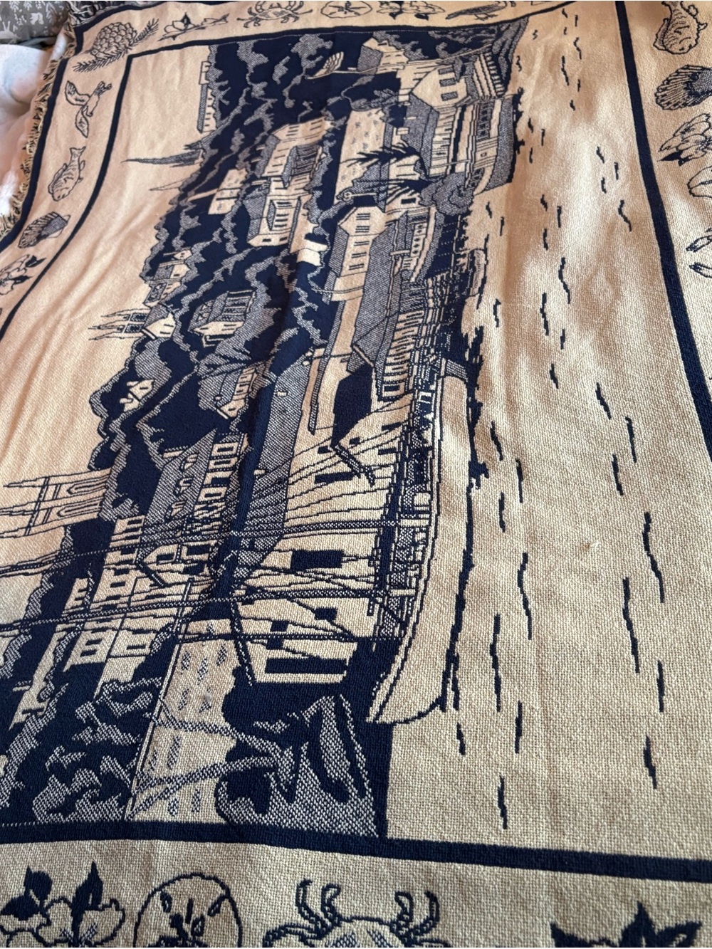 Vintage Navy and Cream Coastal Scene Woven Throw